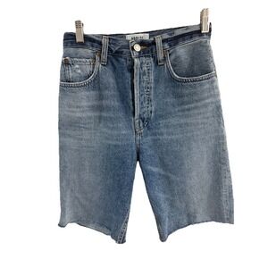 AGOLDE WOMENS JEAN SHORTS SIZE 24 BUTTON FLY MEDIUM WASH DENIM‎ RAW HEM BERMUDA